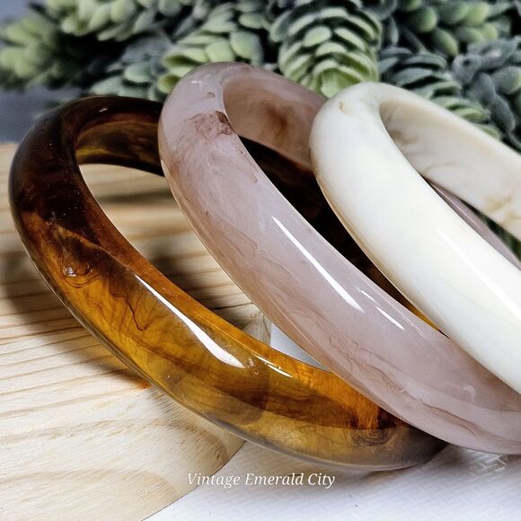 Cherry Tree Marble Swirl Bangles Pink Brown & White Bracelets Boho Set 3 Acrylic - Picture 6 of 10